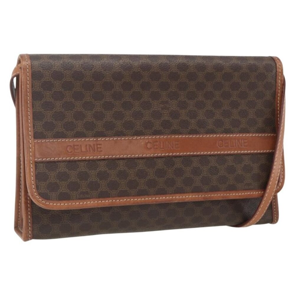 Authentic CELINE Macadam Canvas Shoulder Bag PVC Leather Brown Gold